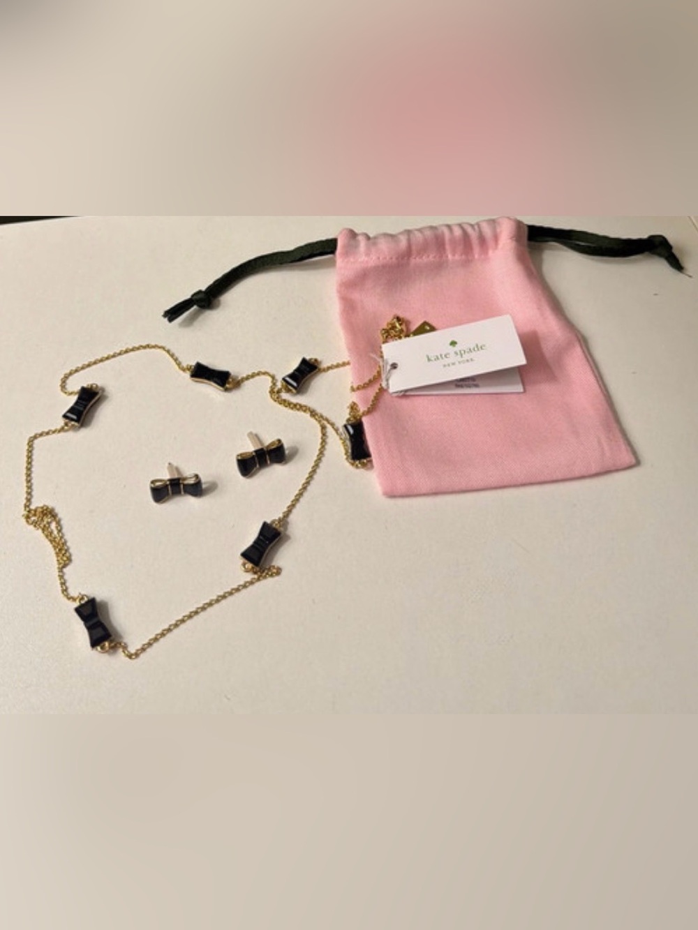 Kate Spade Jackpot Jewels Black Gold Bow Necklace and Earrings Set Dustbag NWT